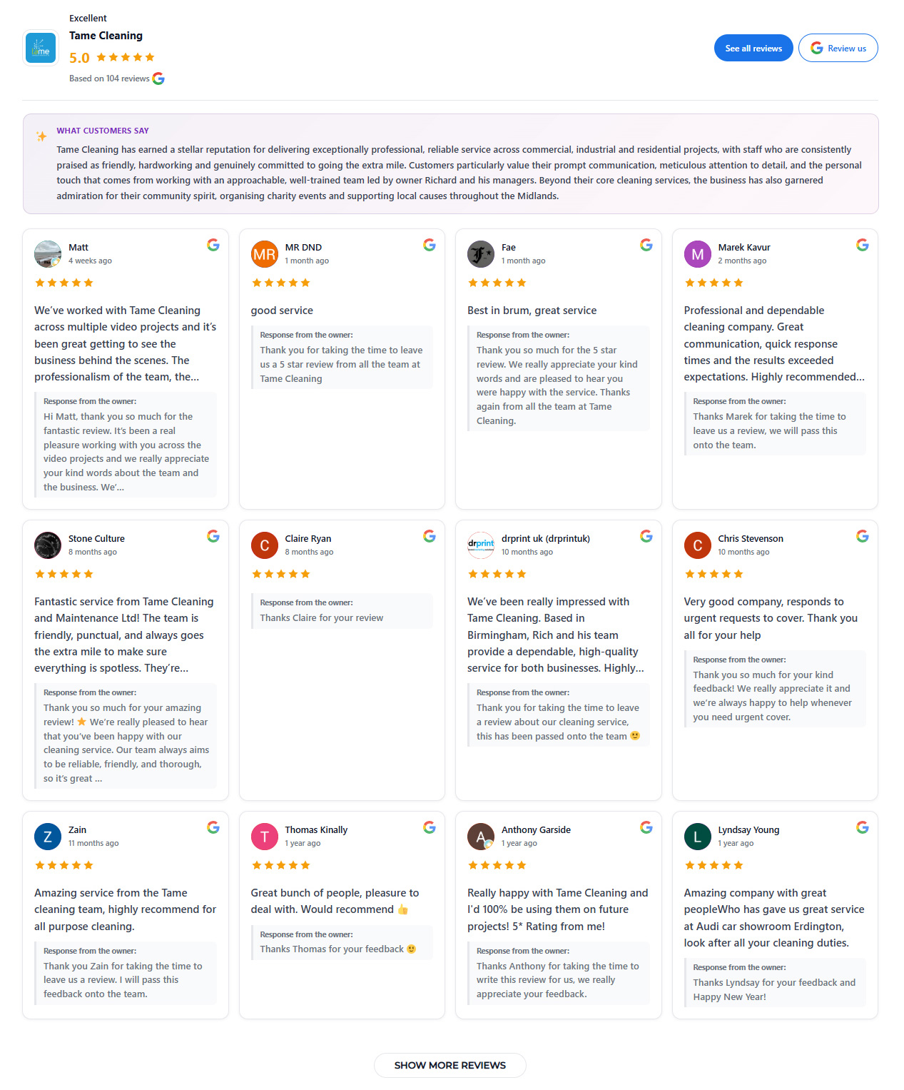 Google Reviews by PCS displaying customer reviews on a website