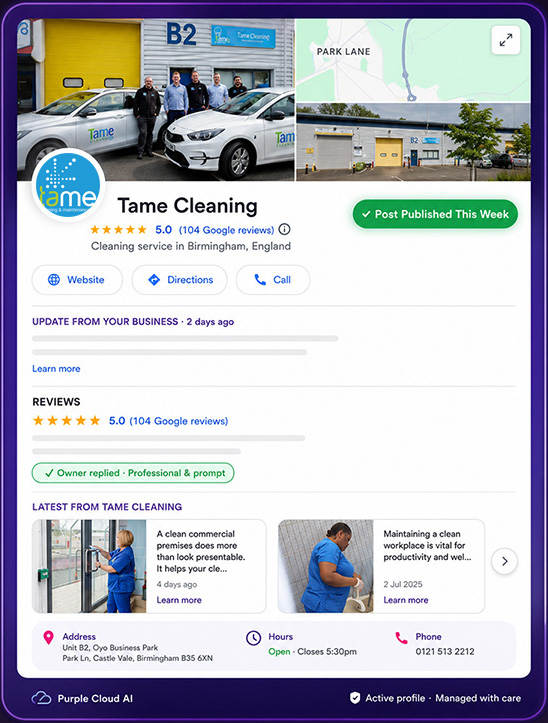 Example of a Google Business Profile listing showing reviews, updates and action buttons
