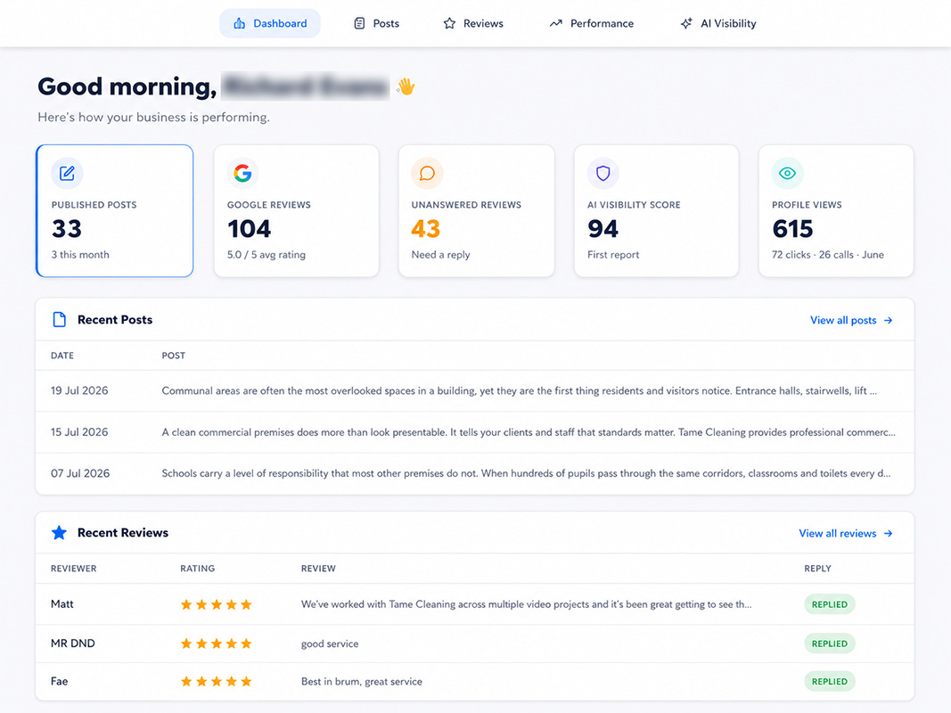 Purple Cloud AI client dashboard showing posts published and reviews replied to