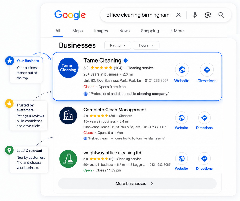 Google Maps search results showing a well-managed local business listing standing out from competitors