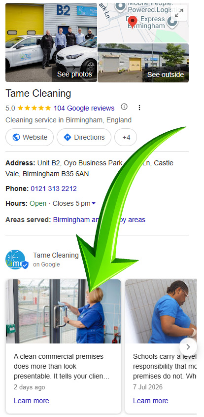 Tame Cleaning Google Business Profile showing published post live on Google